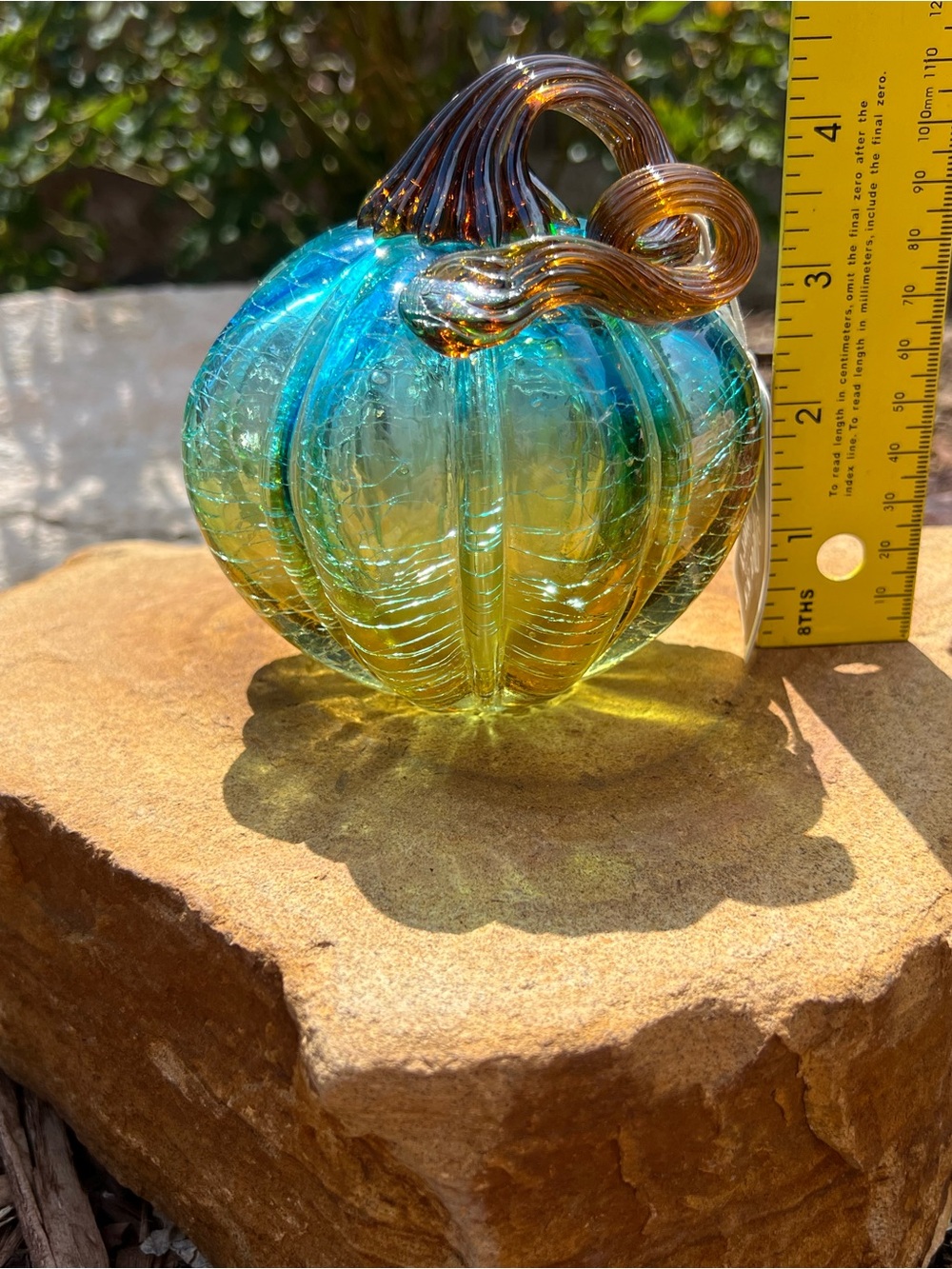 Pier 1 Handblown Glass Pumpkin Blue-Green with Amber Stem NWT - Picture 8 of 8